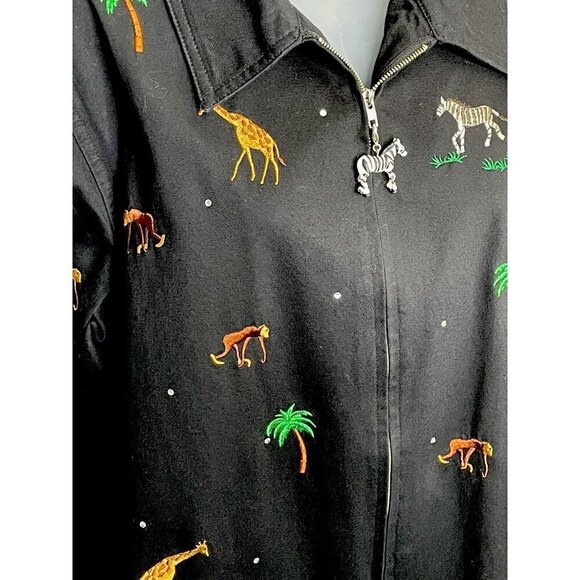 Quacker Factory Jacket Black Embroidered Jungle Animals Palm Trees Zip Up Casual - Picture 6 of 15